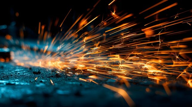 Close-up of bright orange sparks flying from metal grinding.