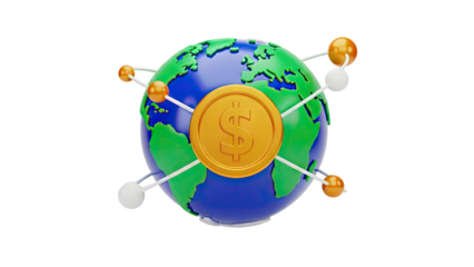 3D Global finance and investment concept with earth and dollar coin on transparent background