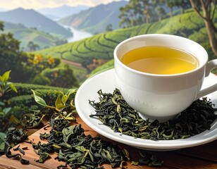 A white teacup filled with pale tea sits on a saucer next to dried leaves. A rolling green landscape forms the backdrop