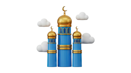 3D Cartoon Mosque with Gold Domes and Crescent Moons on transparent background