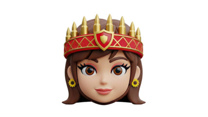 3D Cartoon Queen with Bullet Crown and Sunflower Earrings on transparent background