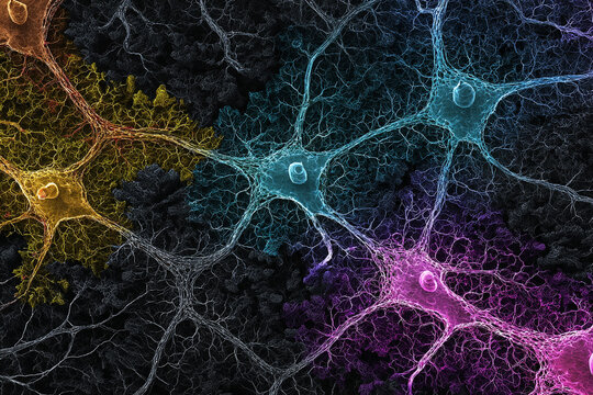 Microscopic 3D visualization of colorful neural network cells with glowing synaptic connections and intricate fibrous textures. - Powered by Adobe