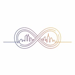 Infinity Loop Line Art with Abstract City Skyline Silhouette