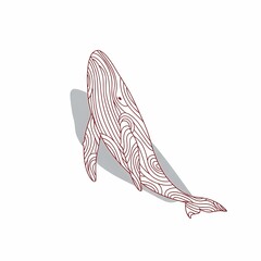 Minimalist Line Art Whale Jumping Outline with Shadow on White Background
