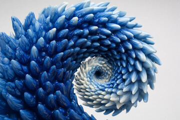 Abstract 3D blue spiked vortex with organic liquid textures, resembling a frozen wave or sea creature, over white background.