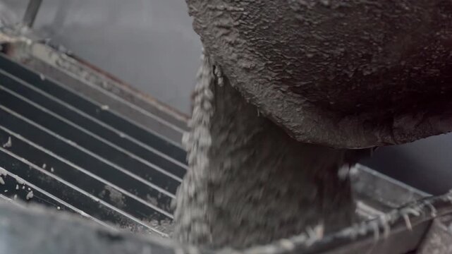 Concrete pours from a mixer, showcasing construction in action