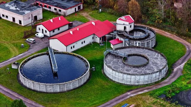 Aerial view of wastewater treatment plant on a sunny day in autumn