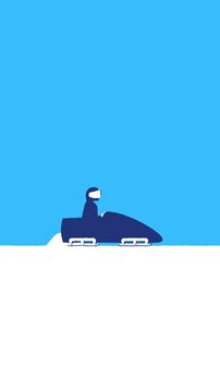 Vertical 4K video. Bobsledder blue man with helmet jumps into bobsled and rides snowboard down white snow mountain. Cartoon loop animation. Concept of winter extreme sports competition, win, bobsleigh