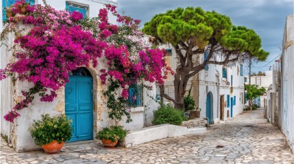 Obraz premium Picturesque European Village Scene with Vibrant Bougainvillea and Charming Architecture along Narrow Street