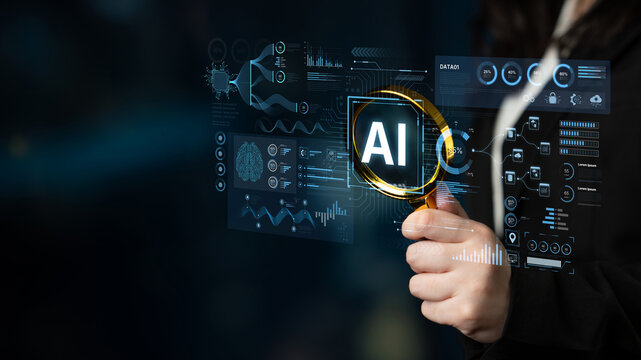 A futuristic AI dashboard for business intelligence. This platform showcases advanced data analytics, processing complex information into visual charts and graphs for strategic insights. Fermion - Powered by Adobe