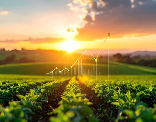 Sunrise over lush green crop field with rising financial graph