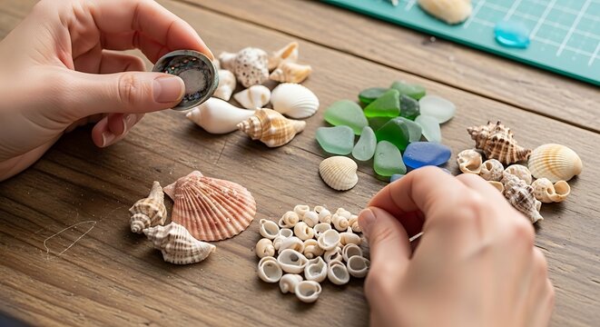 Hands crafting with shells and sea glass on a weathered wooden surface