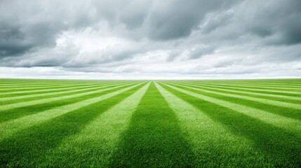 Lush Green Field with Striped Grass and Overcast Sky: Perfect for Backgrounds and Concepts