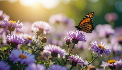 Naklejka premium Monarch Butterfly on Purple Flowers in a Sunny Meadow.