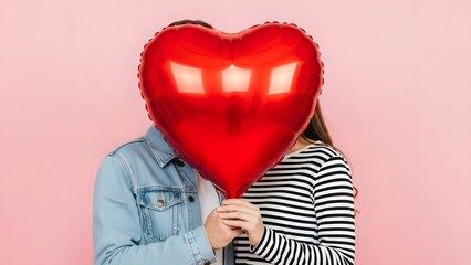 Couple Hiding Faces Behind Large Shiny Red Heart Balloon for Romance Concept
