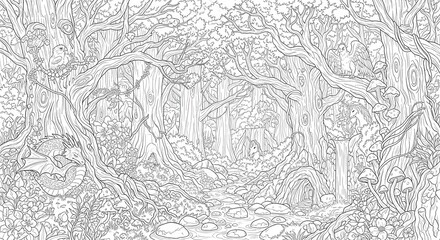 Obraz premium Intricate line art depicts a magical woodland scene filled with enchanted creatures and lush vegetation.