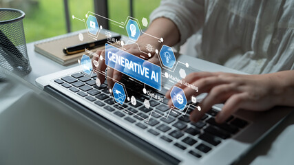 A person typing on a laptop surrounded by digital elements representing generative AI concepts, showcasing modern technology and innovation in a workspace setting. Tessel