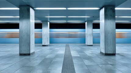 Modern subway station featuring blurred train motion, showcasing urban transportation and architectural design elements