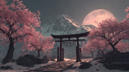 Scenic Japanese Landscape with Cherry Blossoms, Traditional Gate, and Mountain View under a Full Moon