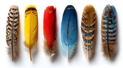 Collection of Six Vibrant and Diverse Bird Feathers on White Background.