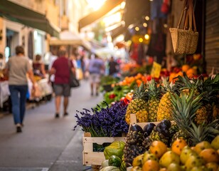 Sunny street market, vibrant produce, and bustling shoppers