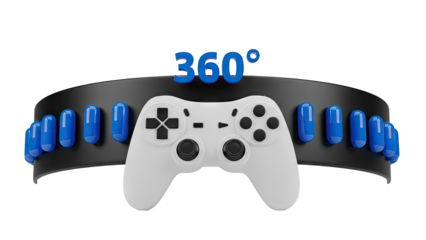 3D Gaming controller with 360 degrees symbol and blue capsules on transparent background