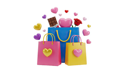Obraz premium 3D Gift Bags with Hearts, Chocolate and Rose on transparent background