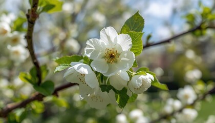 Realistic outdoor photography of a blooming apple tree with white flowers in the spring breeze