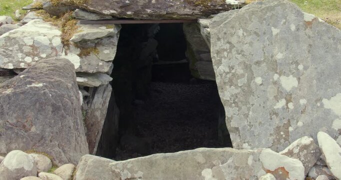 mid wide shot looking into the South Cairn northern chamber Entrance at Nether Largie Standing Stones at Kilmartin