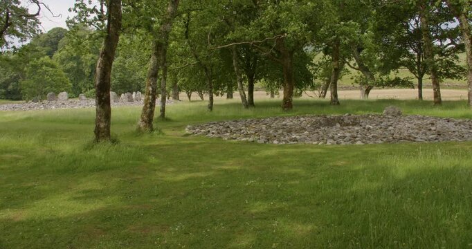 Long shot of both southern and northen Temple Wood Stone Circle and Standing Stones next to Nether Largie Standing Stones at Kilmartin