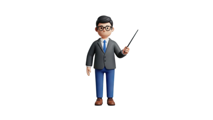 3D Cartoon Man Teacher With Pointer Stick on transparent background