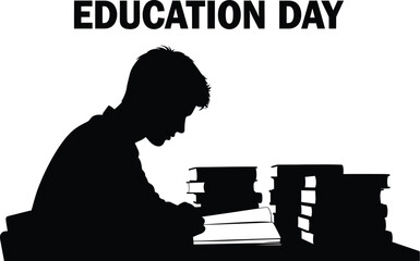 Silhouette graphic celebrating education day featuring a dedicated student deeply focused while reading an open book surrounded by tall stacks of reference materials