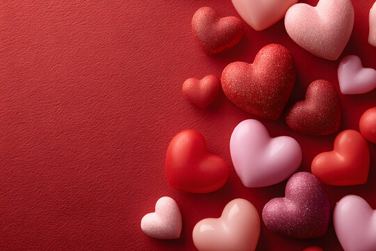 Valentine's day background with red and pink hearts like balloons on red background, flat lay, top-down view - Powered by Adobe