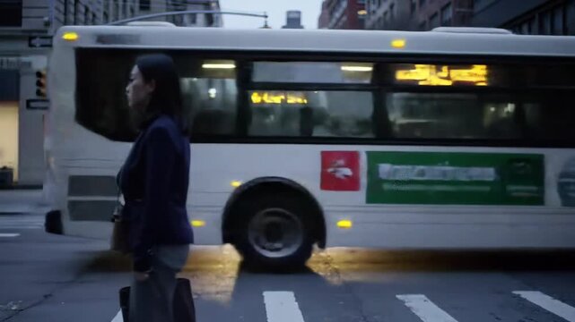 Asian woman standing on crosswalk on a city street with bus and buildings. Urban, people, crosswalk, street, city, bus, buildings.
