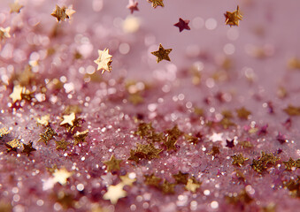 Pink confetti and stars and sparkles on pink background.