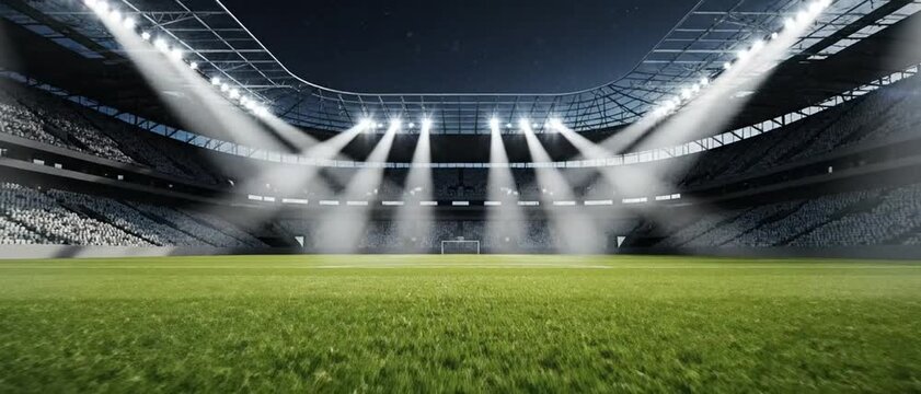 universal grass stadium illuminated by spotlights and empty green grass playground, grand sport building digital 3D background advertisement background illustration