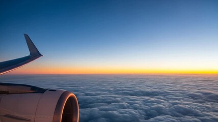 View from an airplane window showing the wing and engine above a sea of fluffy clouds during a beautiful sunrise or sunset. - Powered by Adobe