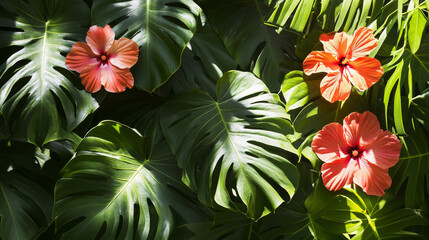 Tropical Hibiscus Flowers with Lush Green Leaves