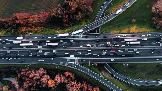 Aerial view of busy highway with colorful autumn trees, cityscape dynamic