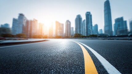 Fototapeta premium Urban Road Leading to Modern Cityscape with Skyscrapers, Asphalt Texture and Bright Sun - Business Travel