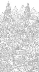 Naklejka premium Intricate fantasy mountain fortress features detailed knotwork patterns and cascading architecture