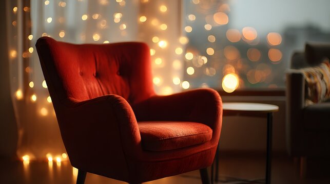 Cozy Red Armchair Illuminated by Warm String Lights in a Dimly Lit Room. - Powered by Adobe