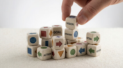 Strategic organization cubes arranged manually using crisp macro clarity and lightly diffused white environment