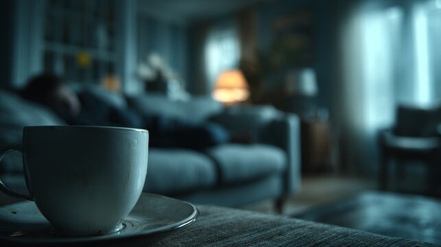 White coffee cup with subtle stain on dining table in sharp focus, shallow depth of field showing exhausted man on sofa in dimly lit living room, quiet detached narrative atmosphere