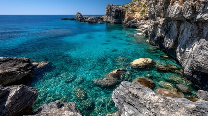 Crystal Clear Turquoise Waters Lap Rocky Mediterranean Coastline.