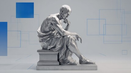 Sculpture of a seated, contemplative figure symbolizing wisdom, intellect, and the pursuit of knowledge against a modern background