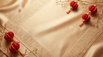 Red lanterns on golden fabric