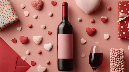 Valentine's day background with wine bottle, gift box, glasses, heart shaped candies, red paper envelope and confetti on pink background. Greeting card template for Valentines Day. Flat lay, top view