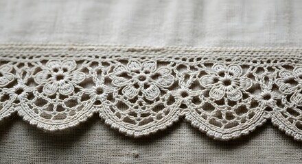 Intricate handcrafted lace trim, showcasing delicate floral patterns and scalloped edge, highlighting traditional textile art and vintage charm on natural fabric