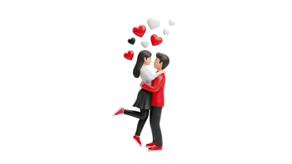 3D Couple hugging with hearts floating above, 3D render on transparent background